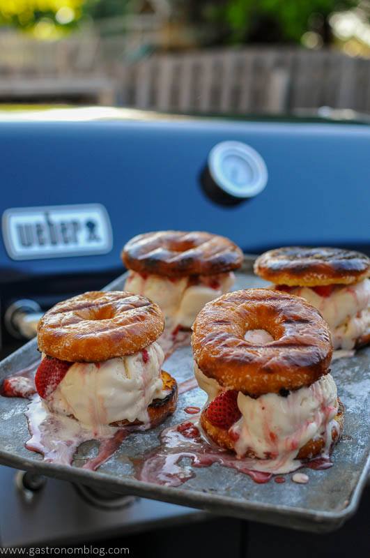 Grilled Donut Ice Cream Sandwiches on cookie sheet