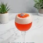 Orange cocktail with white foam in glass on white background