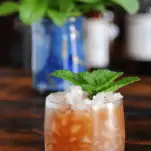 Orange cocktail in rocks glass with crushed ice, mint sprig
