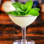 Opaque cocktail in coupe with mint