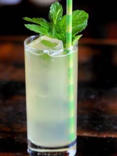Hatozaki Whiskey in a Highball glass wtih mint and green straw