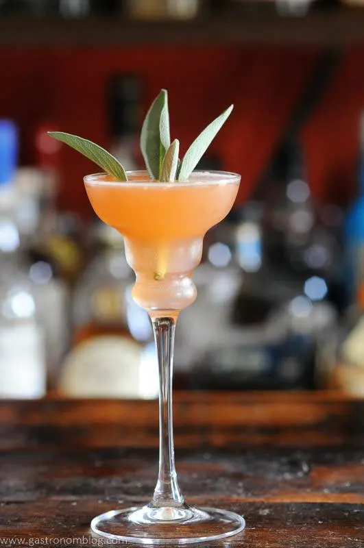 Pink cocktail in tall glass with sage leaves garnish