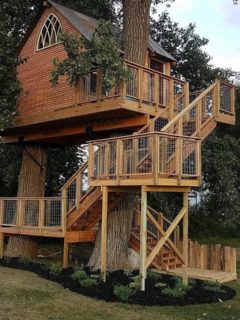 Treehouse with a lot of stairs and decks
