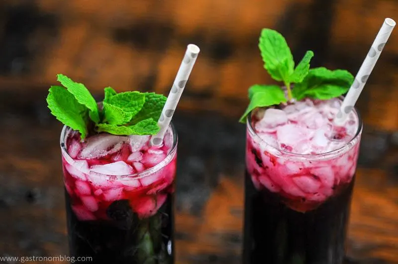 Blueberry Non Alcoholic Mojito, red cocktail in glasses with mint and silver dotted straw