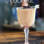 Chocolate cocktail in coupe with cherries on arrow pick