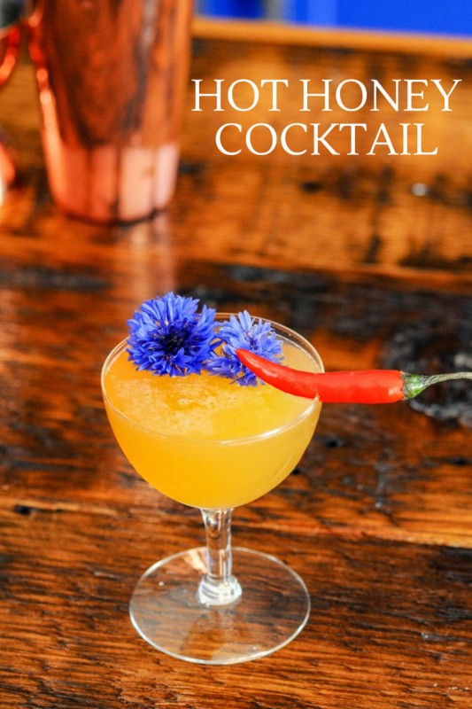 Hot Honey Cocktail in coupe with chili pepper and edible flower