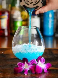 Blue Curacao cocktail being poured into bulb glass, purple and white orchids