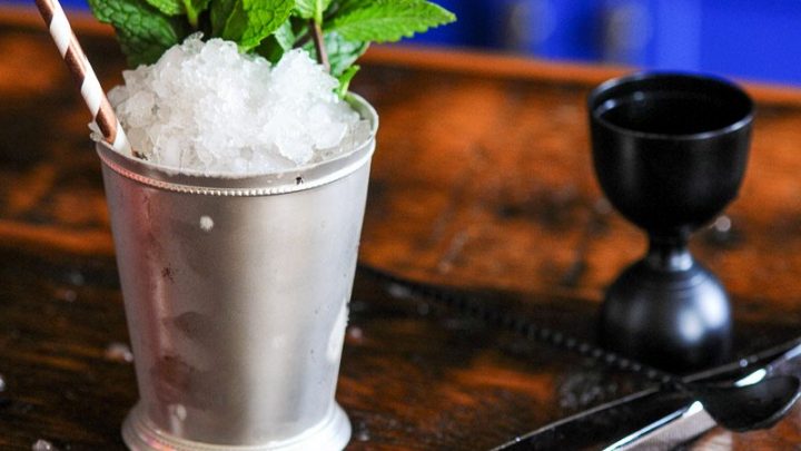 Chocolate Mint Julep in a silver cup piled with crushed ice, mint sprig