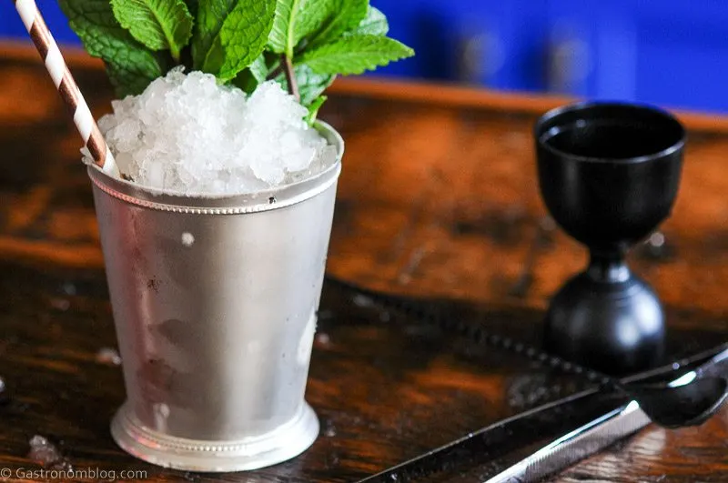 Chocolate Mint Julep in a silver cup piled with crushed ice, mint sprig