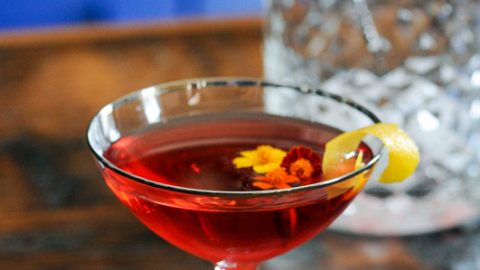 Red cocktail in coupe with lemon peel on edge, mixing glass behind