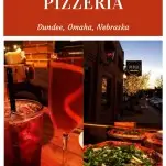 Collage of pictures from PItch Pizzeria - pizza cocktails and outside sign