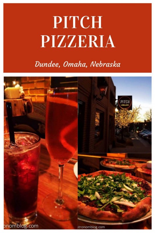 Collage of pictures from PItch Pizzeria - pizza cocktails and outside sign