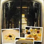 Collage of Robuchon Las Vegas - front door, soups and dessert