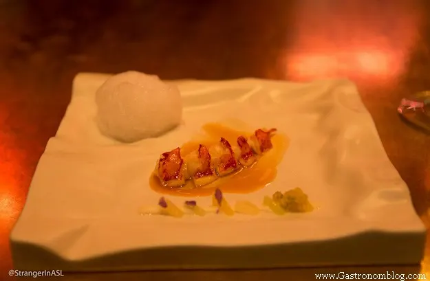 lobster dish with foam on white plate at E by Jose Andres