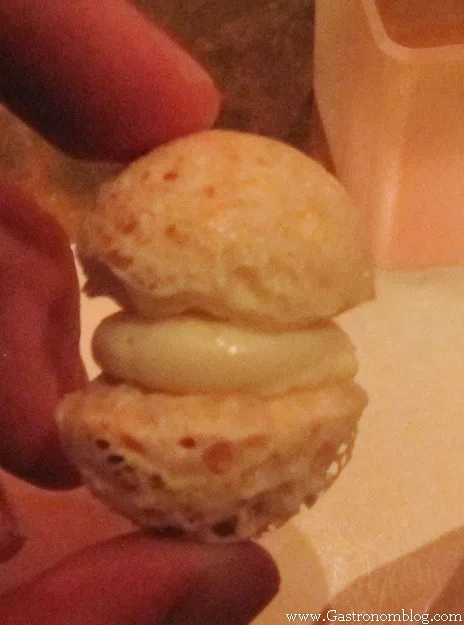 tiny cheese macaroon for appetizer at e by Jose Andres