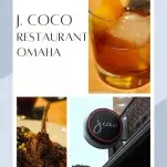 Collage of pictures of J Coco Restaurant in Omaha - cocktail, pork chops and restaurant sign