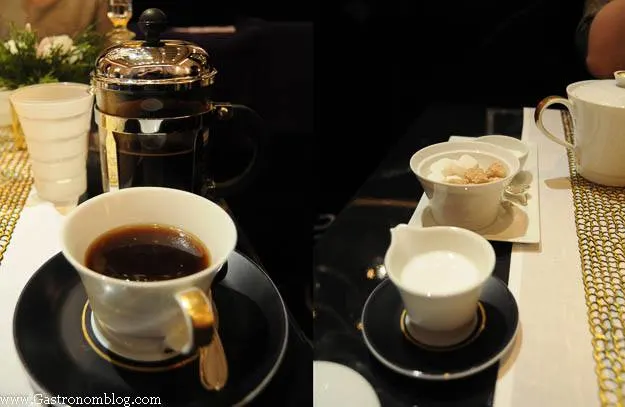 coffee service at Joel Robuchon Las vegas with coffee in a mug and milk and sugar on the side