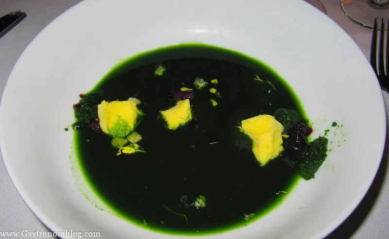 Dark green soup with yellow flowers in white bowl