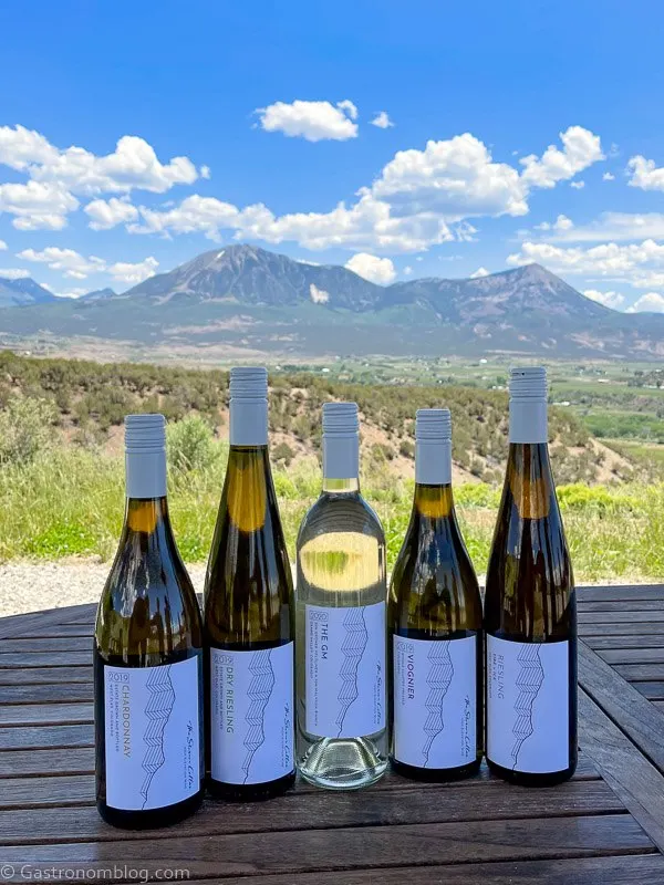 5 bottles of wine at Storm Cellar Winery, mountains in background
