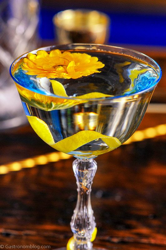 El Presidente Cocktail in blue tinted coupe, lemon peel and yellow flower on top