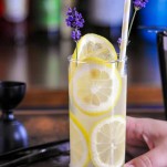 Tall glass lined with lemon slices, this Lavender Collins is a great refreshing and bright yellow cocktail!