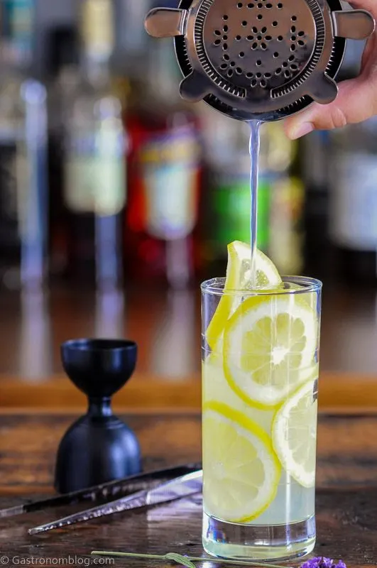 Tall glass lined with lemon slices, this Lavender Collins is a great refreshing and bright yellow cocktail!