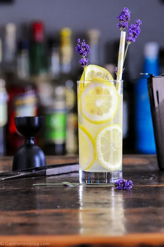 Tall glass lined with lemon slices, this Lavender Collins is a great refreshing and bright yellow cocktail!