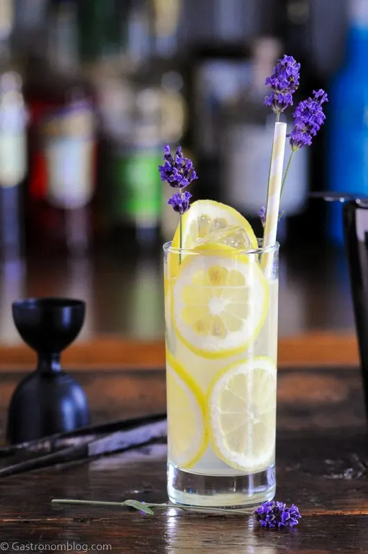 Tall glass lined with lemon slices, this Lavender Collins is a great refreshing and bright yellow cocktail!