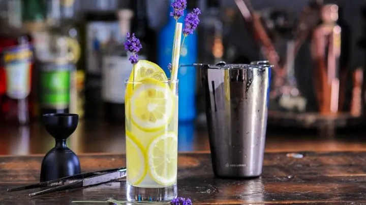 Tall glass lined with lemon slices, this Lavender Collins is a great refreshing and bright yellow cocktail!