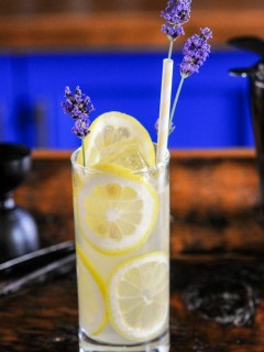 Tall glass lined with lemon slices, this Lavender Collins is a great refreshing and bright yellow cocktail!