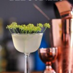 Yellow cocktail in coupe with dill flower, copper barware for Bee's Knees Week