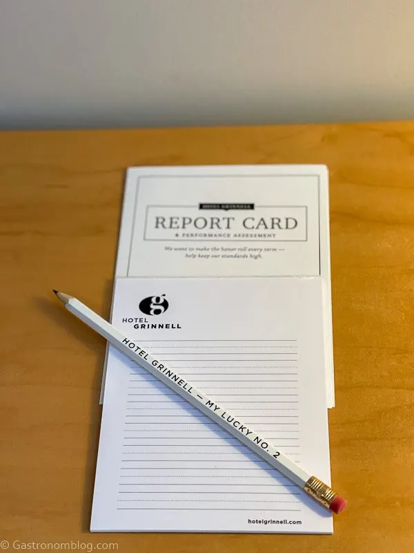 Pad of Paper and 'report card' for Hotel Grinnell in Grinnell, Iowa