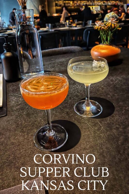 Orange cocktail and yellow cocktail in coupes at Corvino Supper Club