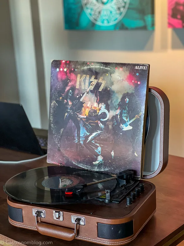 Suitcase record player with Kiss album