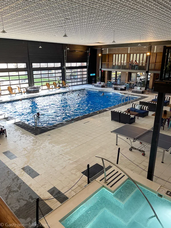 Indoor pool at the Highlander Hotel from a balcony pool room