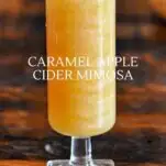 tan Caramel Apple Cider Mimosa cocktail with glitter swirls in tall glass