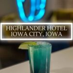 Blue cocktail in front of blue neon wall at Highlander Hotel, Iowa City