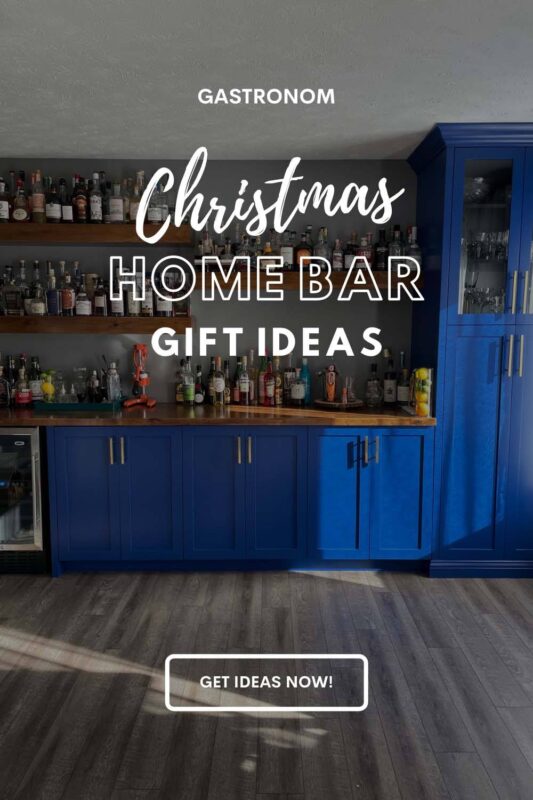 Blue bar with wooden shelves, gray floor