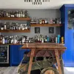Seeder that is a bar, with a blue bar and wooden shelves behind