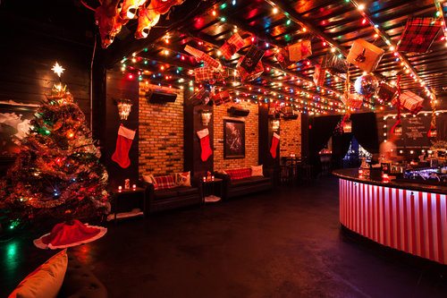 bar decorated with Christmas decor