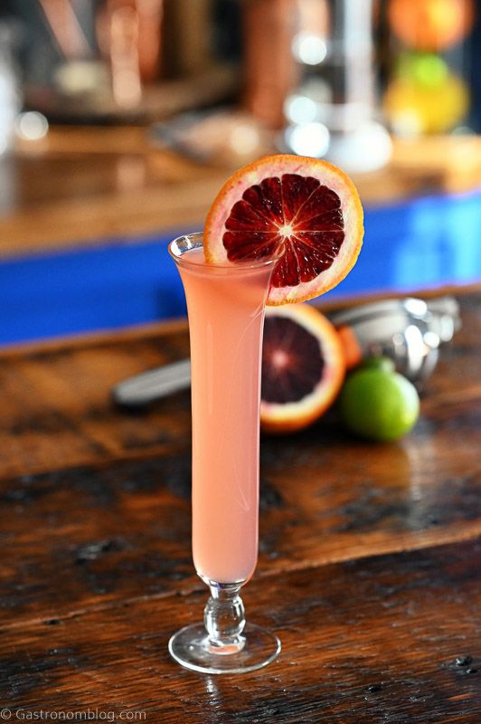 Blood Orange Gimlet, a pink cocktail with blood orange wheel garnish