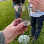Hand holding wine glass, red wine being poured into