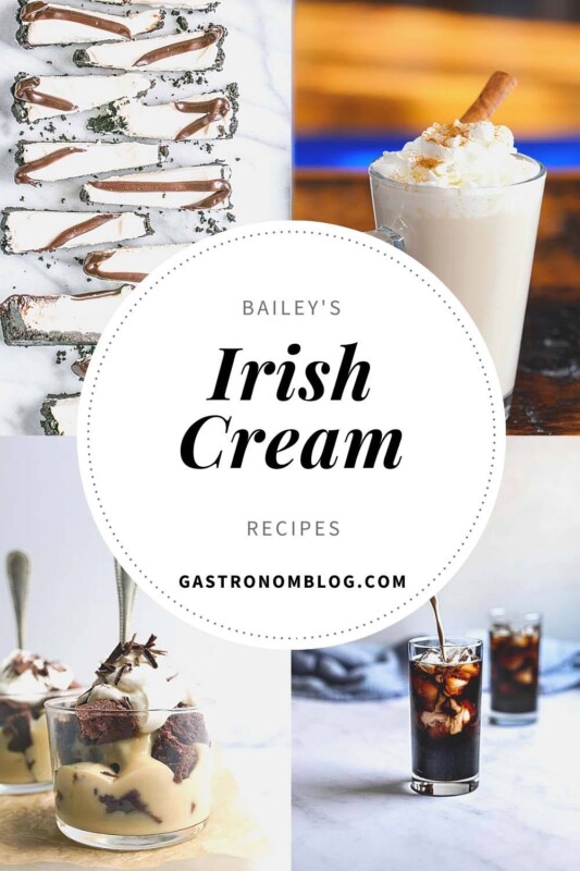 Collage of pictues featuring Bailey's Irish Cream recipes. 2 desserts and 2 drinks