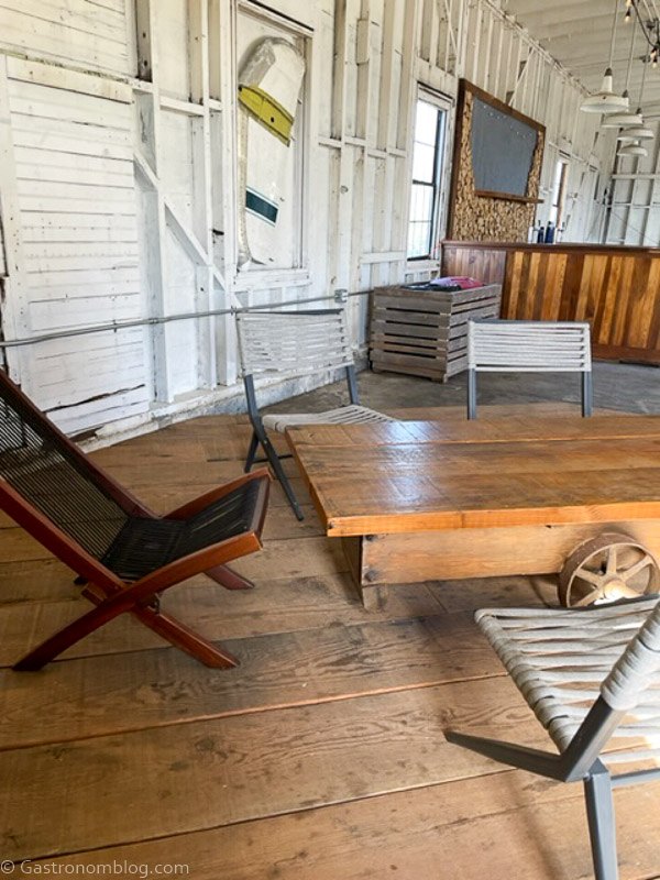 Inside of Humboldt Bay Social Club Hangar, fun modern chairs and tables