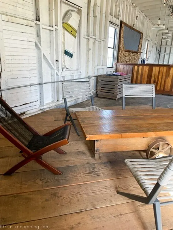 Inside of Humboldt Bay Social Club Hangar, fun modern chairs and tables