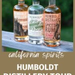 Bottles from Humboldt Distillery in a row on the deck rail