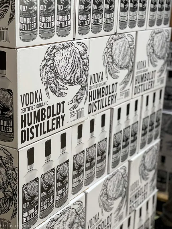 Cases at Humboldt Distillery, with a crab logo on them