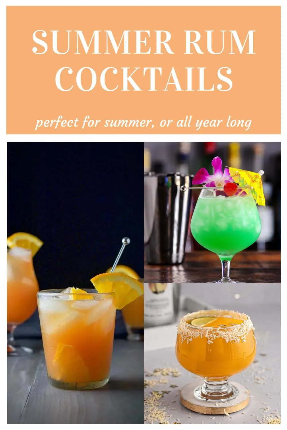 Collage of green and orange cocktails for a Summer Rum Cocktails list