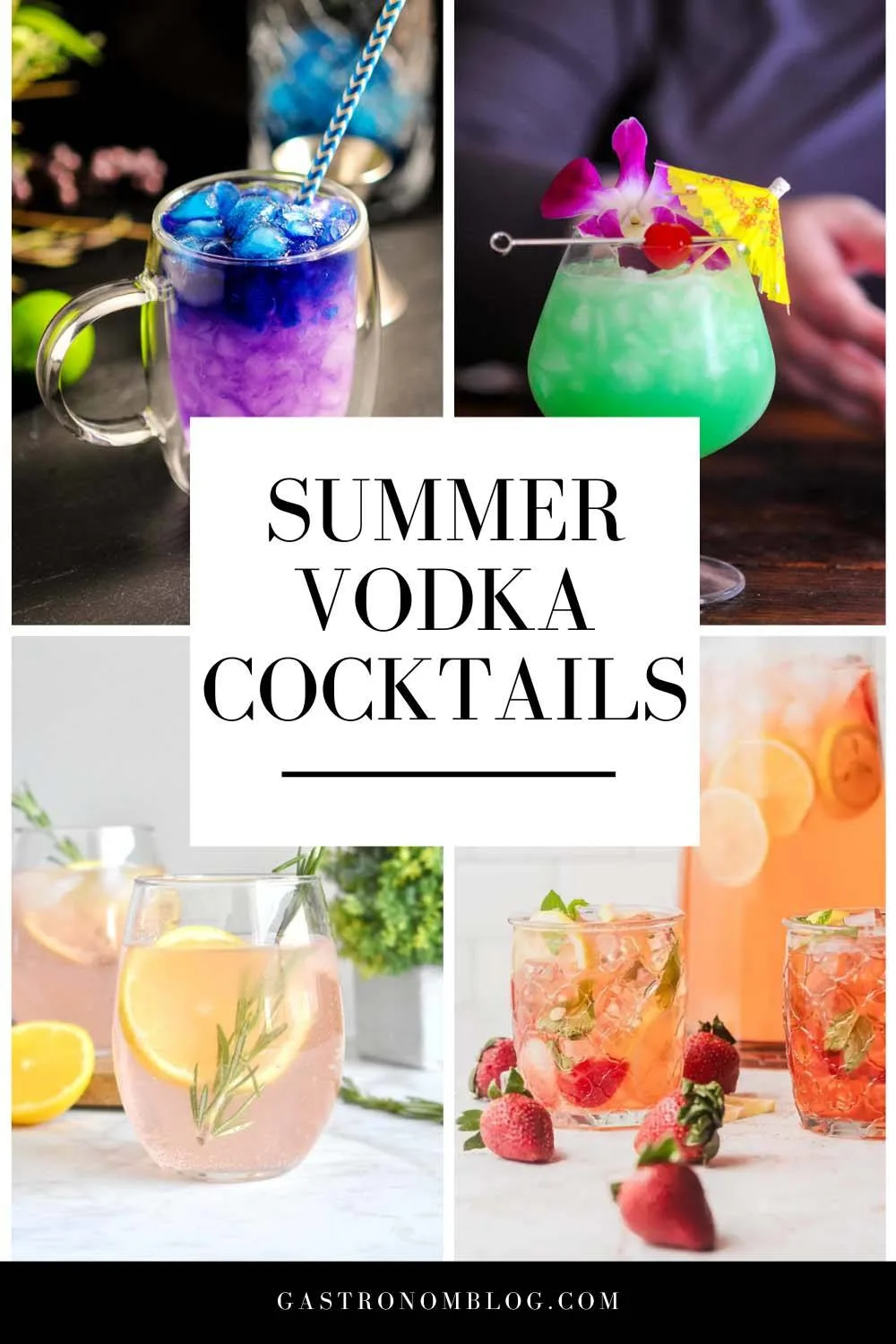 collage of colorful pink, blue, purple and green cocktails that are all summer vodka cocktails
