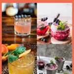 Collage of summer whiskey cocktails, orange, pink and purple
